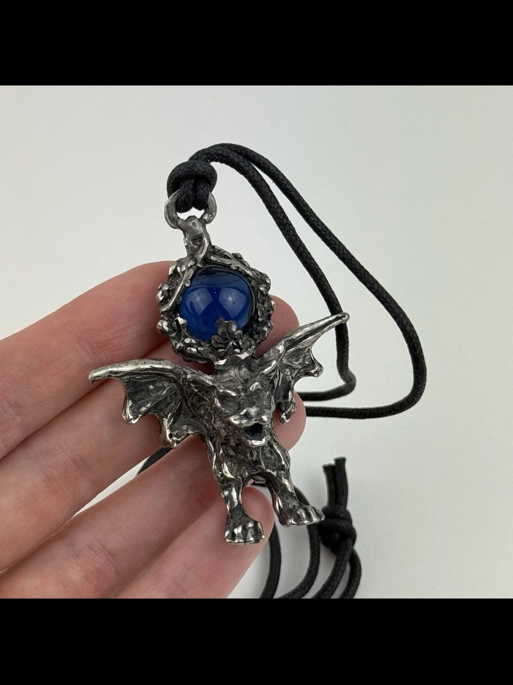 Oxidized "Antique" Silver Pewter Gargoyle Pendant Necklace Blue Crystal Ball NEW